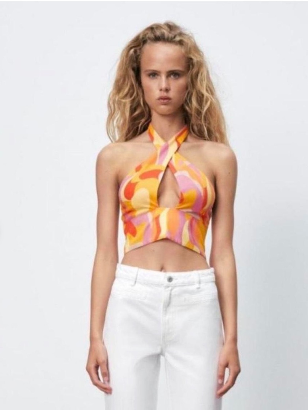 Zara Retro Abstract Halter Crop Top Linen Blend Tie Neck XS Y2K Festival